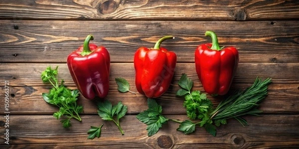 Fototapeta Vibrant Red Bell Peppers and Fresh Herbs Arranged on Rustic Wooden Surface