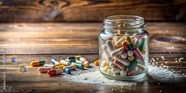 Fototapeta A glass jar filled with an assortment of colorful capsules and tablets rests on a rustic wooden surface, scattered pills and a fine white powder nearby.