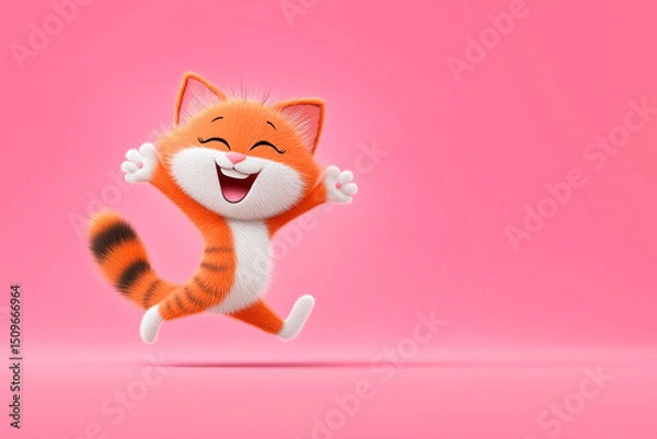 Fototapeta Cheerful funny cat runs and jumps with front paws up and smiles. Cute happy kitten on pink background with copy space. Funny illustration with cartoon cat. Postcard, birthday invitation