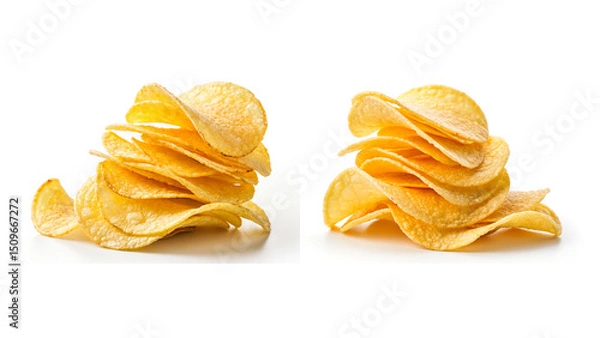Obraz Two Stacks of Golden Crispy Potato Chips, Showcasing Their Curved Shape and Light, Flaky Texture