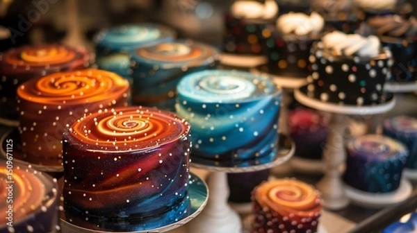 Fototapeta Cosmic fusion of layered cakes each layer representing a different galaxy