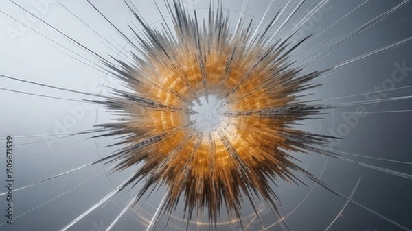 Fototapeta Abstract Golden Core Exploding with Sharp Metallic Shards and Light Streaks
