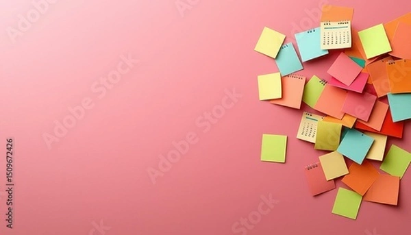Fototapeta Colorful sticky notes and mini calendars scattered on a pink background, symbolizing organization and planning.