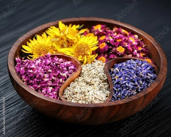 Fototapeta A wooden bowl divided into sections holds colorful dried flowers and petals, beautifully arranged on a dark textured surface.