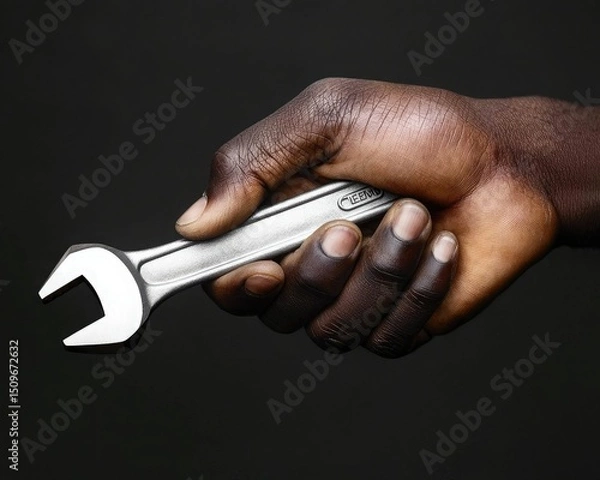 Fototapeta A hand holding a metallic wrench against a plain black background.