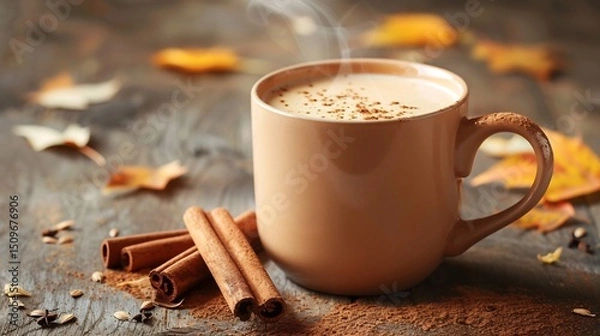Obraz Cozy autumn setting with a steaming mug of spiced chai latte cinnamon sticks and falling leaves in the background