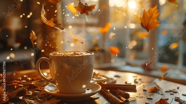 Obraz Cozy autumn setting with a steaming mug of spiced chai latte cinnamon sticks and falling leaves in the background