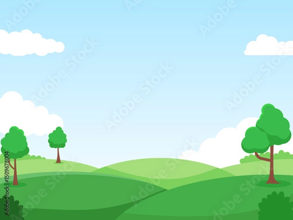 Fototapeta Meadow landscape with some trees, and blue sky vector illustration