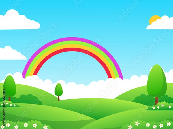 Fototapeta Meadow with rainbow landscape vector suitable for kids background or illustration