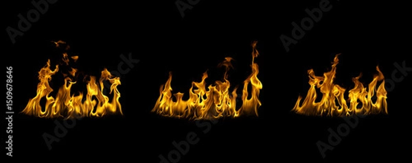 Fototapeta  Black background fire, flames with torches and textures with splitting power effect, can grill red, burning with burning smoke and sparks in barbecue grill fire

