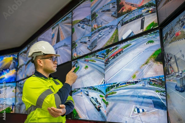 Fototapeta Electrical engineer is examining the main roads and finding the blind spots of the CCTV cameras so that additional CCTV cameras can be installed in the blind spots of the existing cameras.