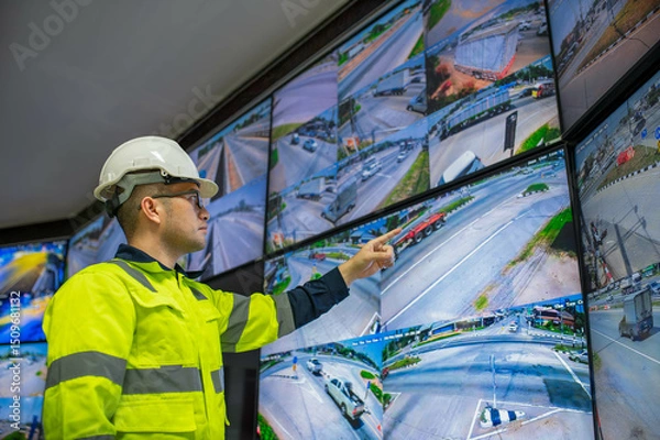 Fototapeta Electrical engineer is examining the main roads and finding the blind spots of the CCTV cameras so that additional CCTV cameras can be installed in the blind spots of the existing cameras.