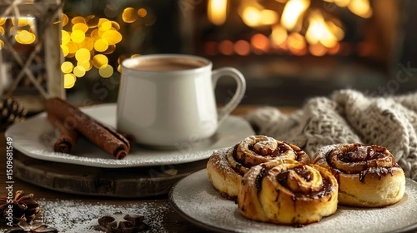 Obraz Cozy winter breakfast scene with hot chocolate cinnamon rolls and a roaring fireplace in the background