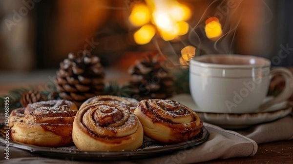 Fototapeta Cozy winter breakfast scene with hot chocolate cinnamon rolls and a roaring fireplace in the background