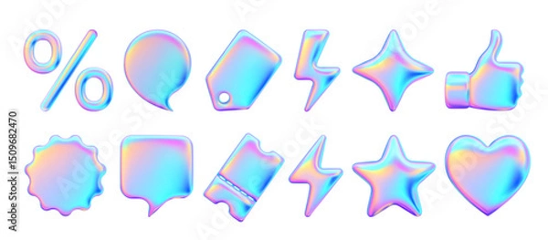 Fototapeta Set Realistic 3d objects for advertising and promotion. Holographic iridescent elements for design of sales and discounts. Percentage symbol. Price tag, coupon, lightning, star. Vector illustration.