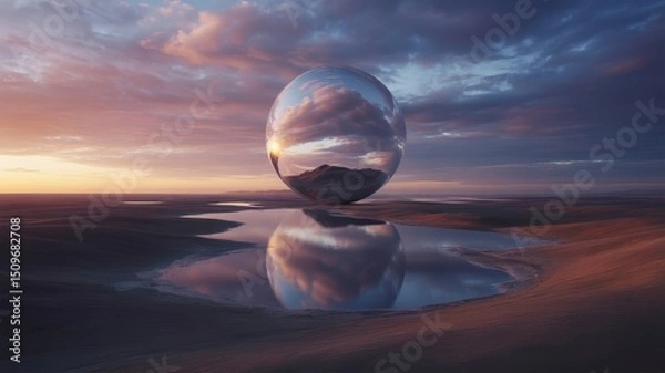 Fototapeta Ethereal Reflective Sphere Mirroring a Tranquil Sunset Landscape