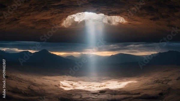 Fototapeta Ethereal Shaft of Light Piercing Cavern Roof, Illuminating Rugged Terrain Below with Distant Peaks