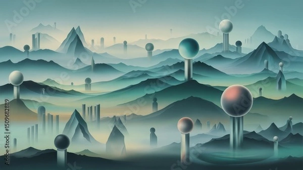 Fototapeta Ethereal Vista of Hazy Peaks and Mysterious Spherical Structures