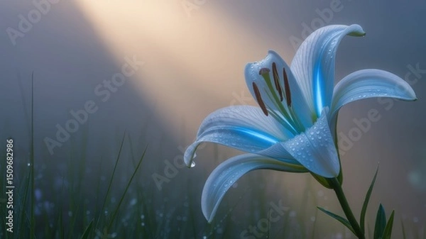 Fototapeta Ethereal White Lily Glistening with Dewdrops and Illuminated by Soft Morning Sunlight