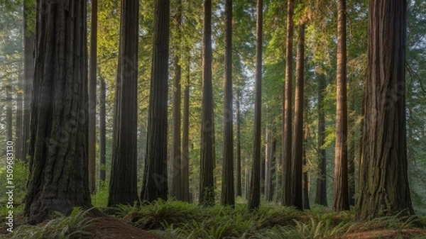Fototapeta Ethereal Light Illuminates Colossal Trees in a Verdant Primeval Forest