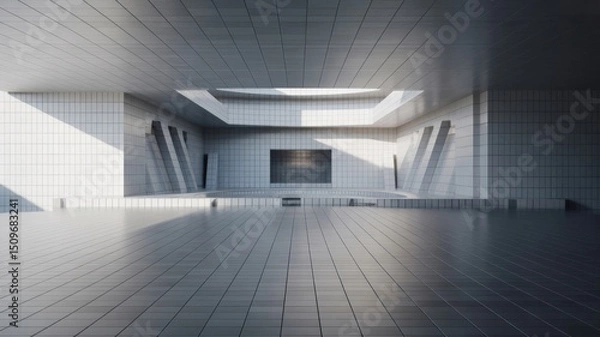 Fototapeta Expansive Modern Tiled Interior with Geometric Light Play and Shadows