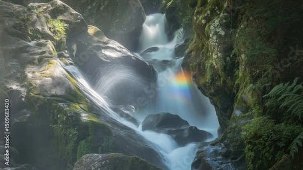 Fototapeta Ethereal Waterfall's Gentle Flow Amidst Mossy Rocks and a Rainbow's Kiss