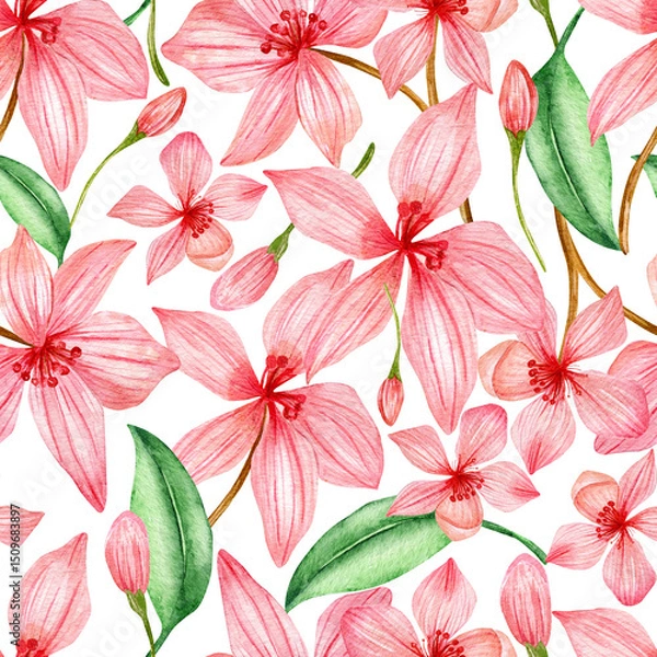 Fototapeta Seamless watercolor pattern. Bright cherry blossoms, leaves and twigs isolated on background. Floral ornament. Design for wrapping paper, fabric printing.