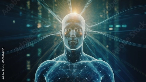 Fototapeta Futuristic Humanoid AI: Visualizing Digital Consciousness and Networked Existence