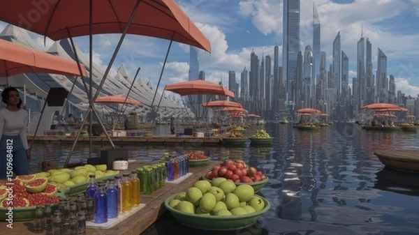 Fototapeta Futuristic Floating Market Scene with Vibrant Fruits and Towering Urban Skyscraper Backdrop