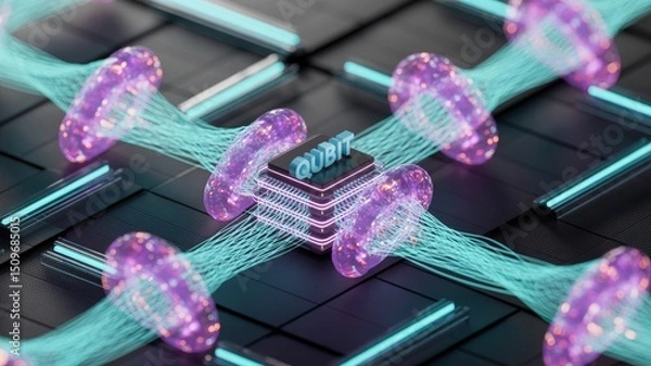 Fototapeta Futuristic Qubit Quantum Computing Core with Glowing Energy Connections and Networked Pathways