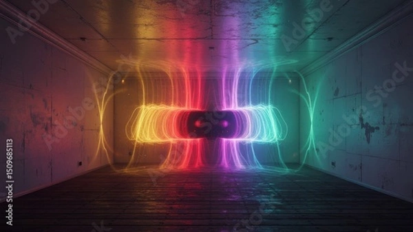 Fototapeta Futuristic Toroidal Energy Anomaly Glowing with Spectral Colors in a Dark Chamber