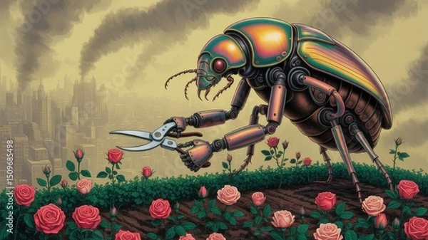 Fototapeta Giant Robotic Beetle Meticulously Prunes Roses Against a Smoggy City Skyline