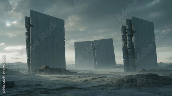 Fototapeta Gigantic Enigmatic Relics Emerge from the Haze of a Desolate Alien Terrain