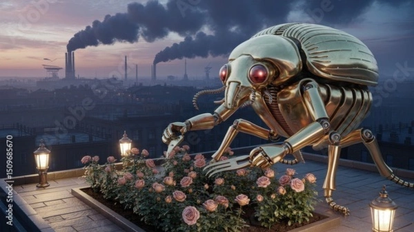 Fototapeta Gilded Automaton Beetle Cultivates Serene Roses Above a Smog-Choked Cityscape at Twilight