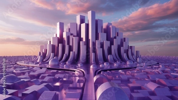 Fototapeta Gleaming Amethyst Metropolis: A Surreal Vision of Future Urban Splendor at Dusk