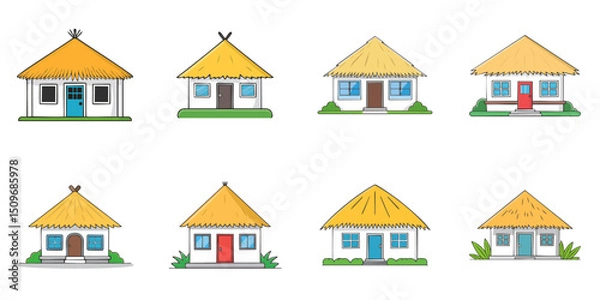 Obraz Multiple vector illustrations thatched roof house, outlines