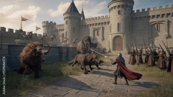 Fototapeta Heroic Knight Defends Stone Fortress Against Onslaught of Mythical Creatures