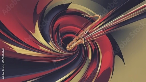 Fototapeta Golden Saxophone Emerges from a Vortex of Fiery Reds, Deep Blues, and Swirling Abstract Energy