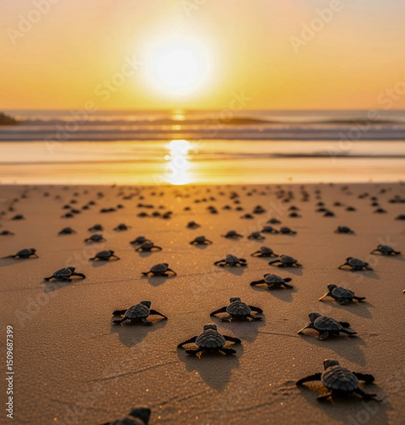 Fototapeta Sea Turtle Hatchlings Crawling on Sandy Beach at Sunset