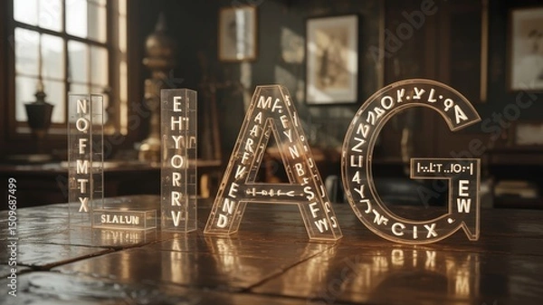Fototapeta Illuminated I, M, A, G Letter Sculptures with Cryptic Inner Markings in a Study