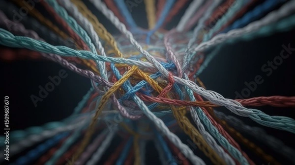 Fototapeta Intricate Nexus of Multicolored Twisted Cords Forming a Unified Tangle