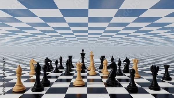Fototapeta Infinite Checkered Battlefield: A Surreal Chess Confrontation Under a Vast Sky