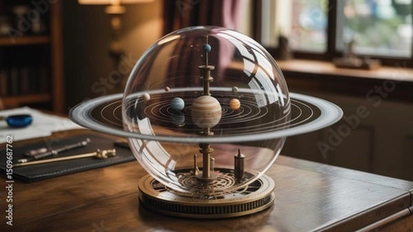 Fototapeta Intricate Ornate Orrery Model of Solar System Displayed on a Polished Wooden Desk in a Study