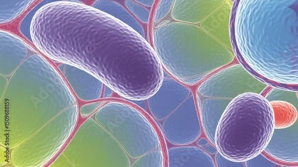 Fototapeta Intricate Microverse Unveiled: Colorful Depiction of Cellular Life and Bacterial Entities