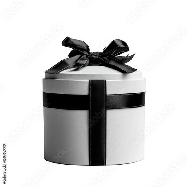 Fototapeta Round white gift box with black ribbon and bow, perfect for special occasions and celebrations. elegant design adds touch of sophistication, making it ideal for gifting