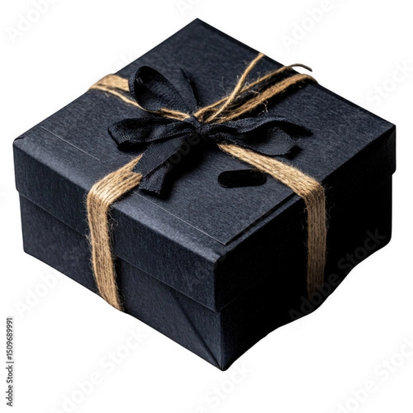 Fototapeta Small black gift box with textured surface is elegantly tied with rustic twine bow, creating sophisticated and charming presentation