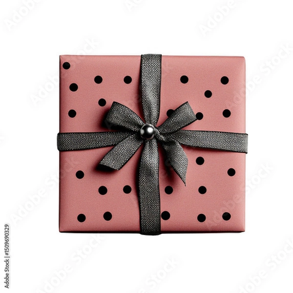 Fototapeta Square gift box wrapped in pink paper with black polka dots and black ribbon bow creates festive and elegant appearance. Perfect for special occasions