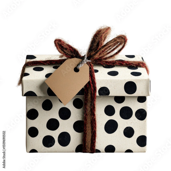 Fototapeta Beautifully wrapped gift box with polka dot pattern and rustic twine bow, featuring blank brown tag for personalization. Perfect for special occasions and celebrations