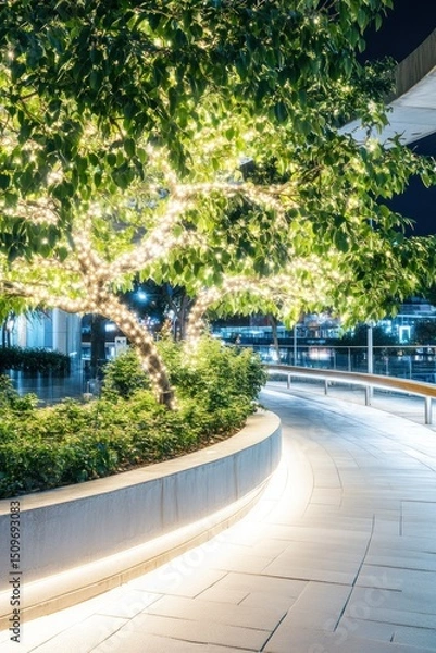 Obraz Illuminated urban walkway with trees