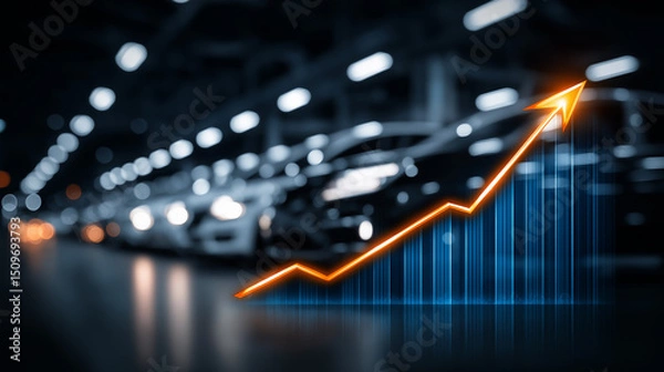Obraz Automotive Sales Growth: An upward trending graph overlays a row of new cars in a showroom, symbolizing growth and success in the automotive industry.